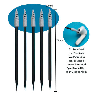 751 Lint Free Black Handle Espiral Pointed Car Cleaning Detallado Swab Punta de espuma en el cuarto limpio Swab para limpieza de auriculares