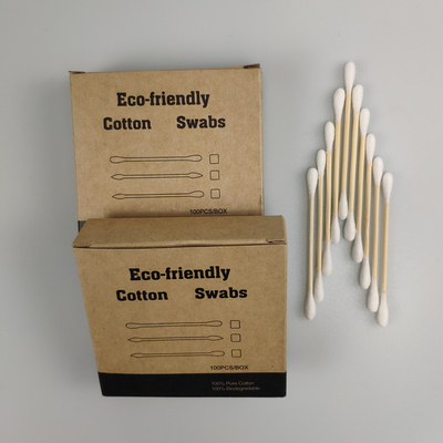 Algodón principal doble Bud Swab de la manija de bambú biodegradable de ECO en la caja de papel