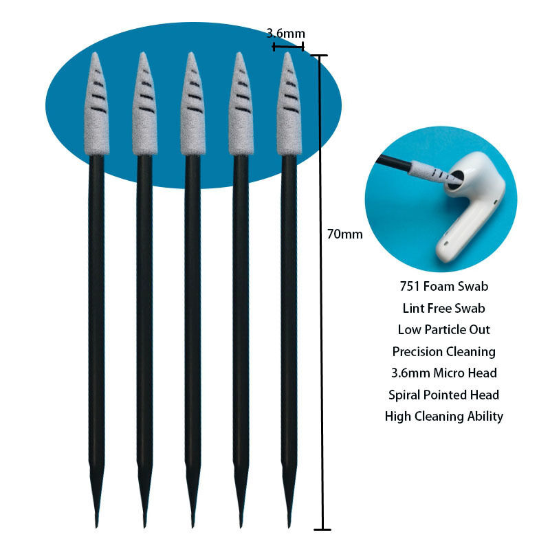 751 Lint Free Black Handle Espiral Pointed Car Cleaning Detallado Swab Punta de espuma en el cuarto limpio Swab para limpieza de auriculares