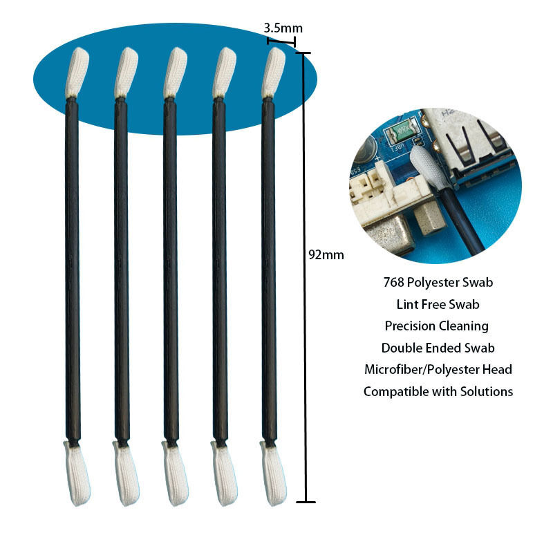 768 Hisopo de poliéster con cabeza retorcida y mango negro sin pelusa, hisopo de limpieza de precisión para salas limpias